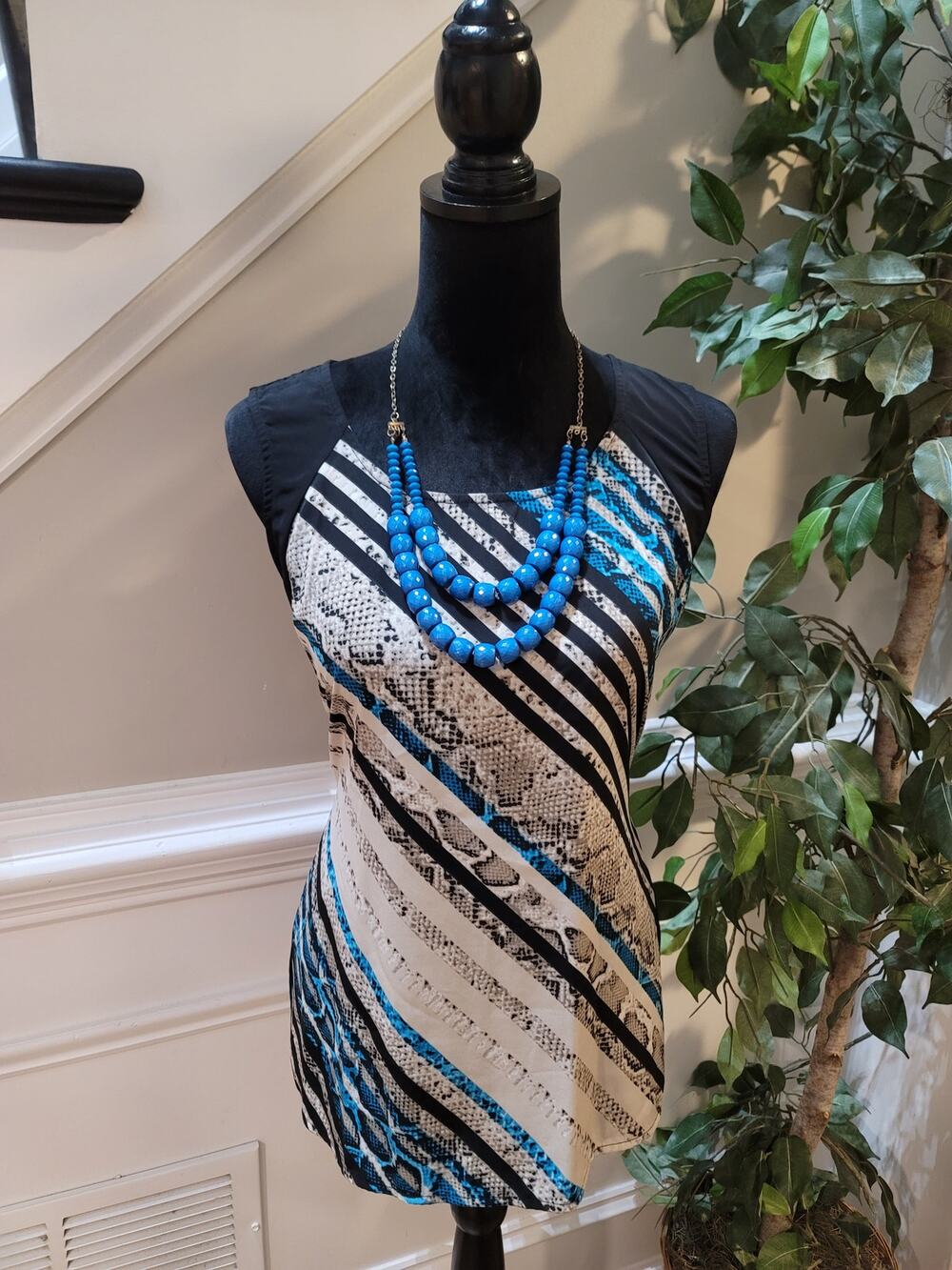 Alfani Blouse Top Women's SZ 14 Petite Multicolor Stripe Snake Print Zipper Back